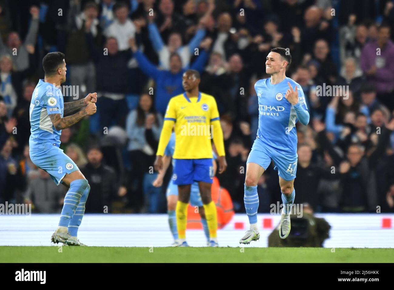 Manchester, UK, 20 April 2022,  Manchester City's Phil Foden celebrates scoring his side's second goal of the game. Picture date: Thursday April 21, 2022. Photo credit should read:   Anthony Devlin/Alamy Live News/Alamy Live News Stock Photo