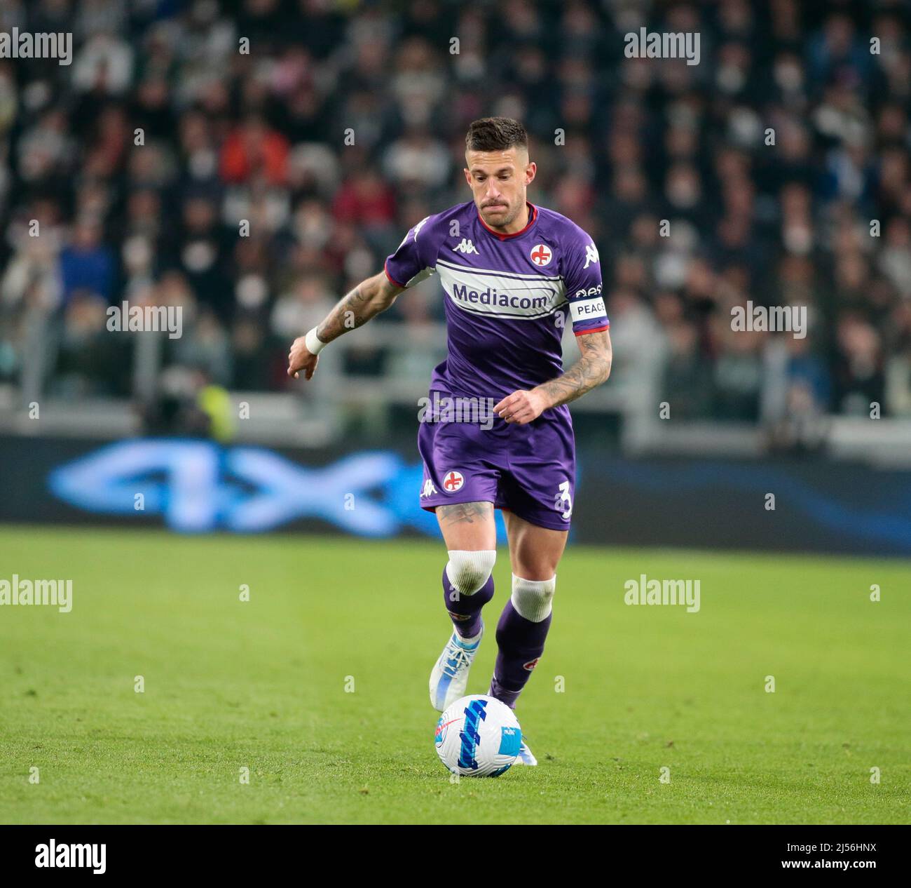 Turin, Italy. 20th Apr, 2022. Cristiano Biraghi of ACF Fiorentina during the Italian Cup, Coppa Italia, semi-finals 2nd leg football match between Juventus FC and ACF Fiorentina on April 20, 2022 at Allianz stadium in Turin, Italy Credit: Independent Photo Agency/Alamy Live News Stock Photo