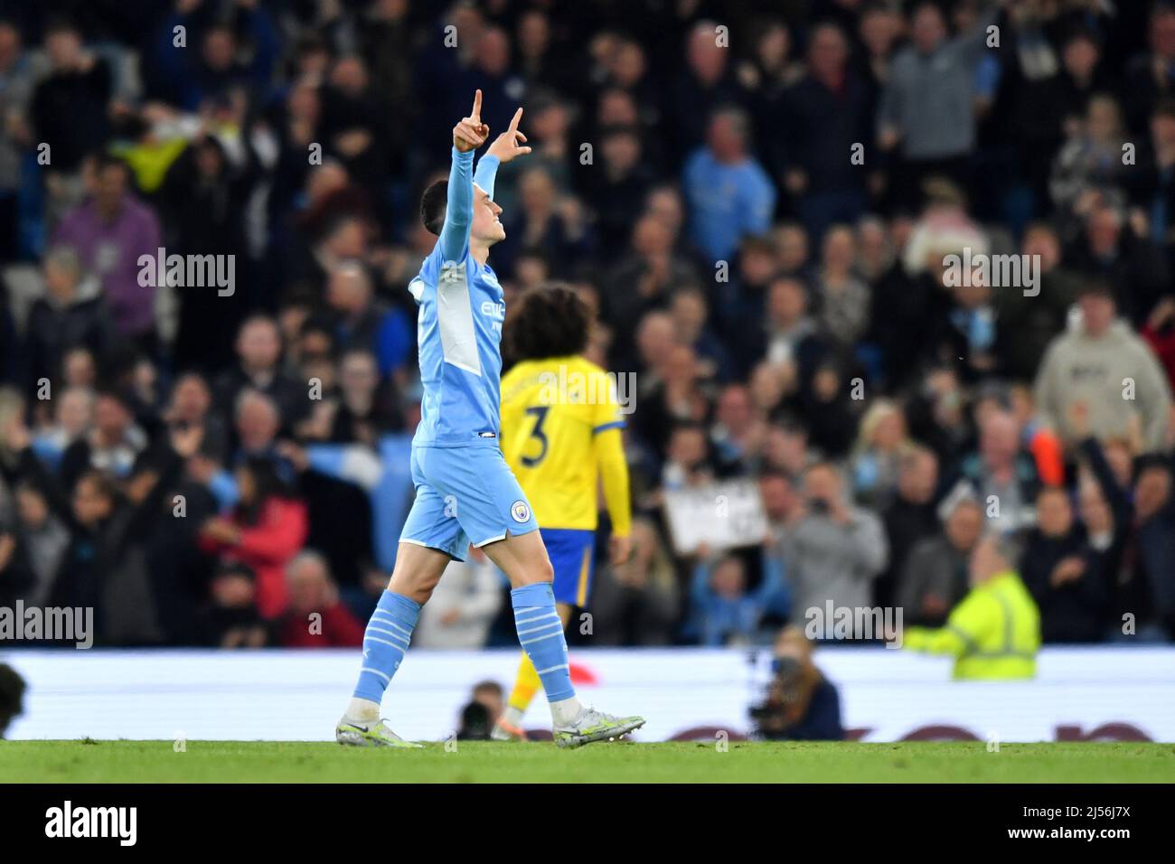 Manchester, UK, 20 April 2022,  Manchester City's Phil Foden celebrates scoring his side's second goal of the game. Picture date: Thursday April 21, 2022. Photo credit should read:   Anthony Devlin/Alamy Live News/Alamy Live News Stock Photo
