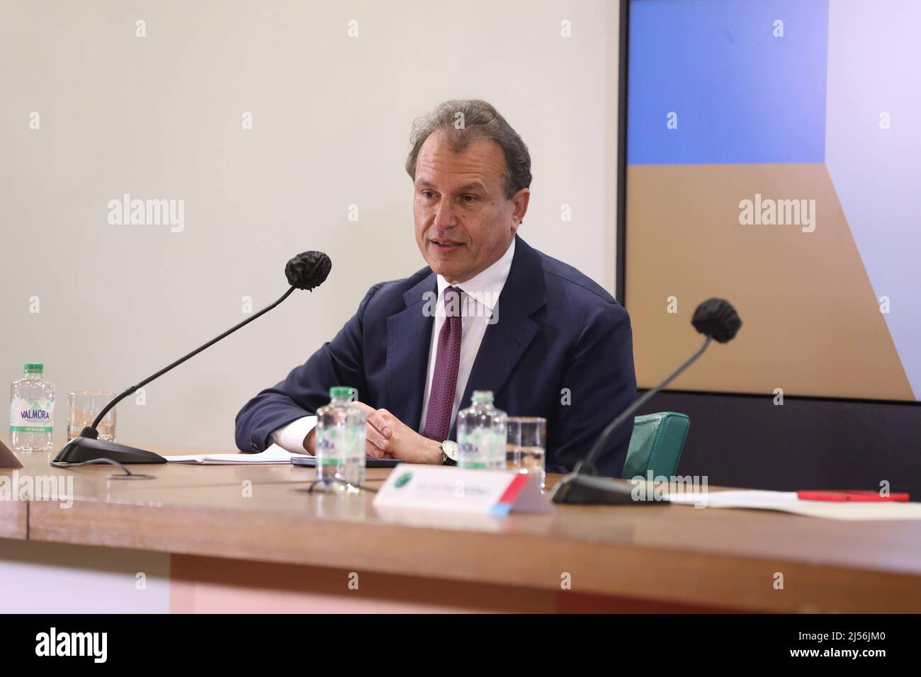 Rome, Italy. 20th Apr, 2022. At Stadio Olimpico of Rome, press conference for the 2022 edition of BNL Internazionali d'Italia of Tennis. In this picture the president of “Sport e Salute SPA Vito Cozzoli (Photo by Paolo Pizzi/Pacific Press) Credit: Pacific Press Media Production Corp./Alamy Live News Stock Photo