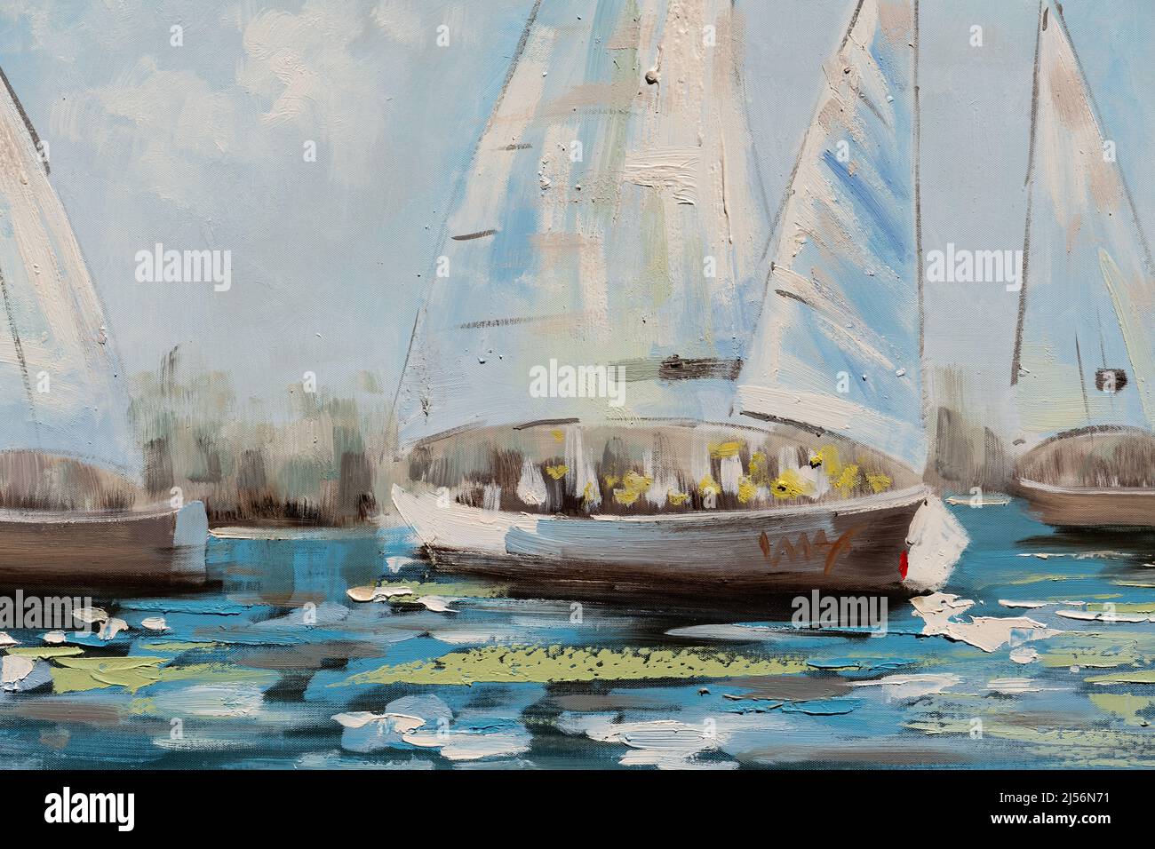 Sailing boats over water oil painting on canvas. Impasto artwork