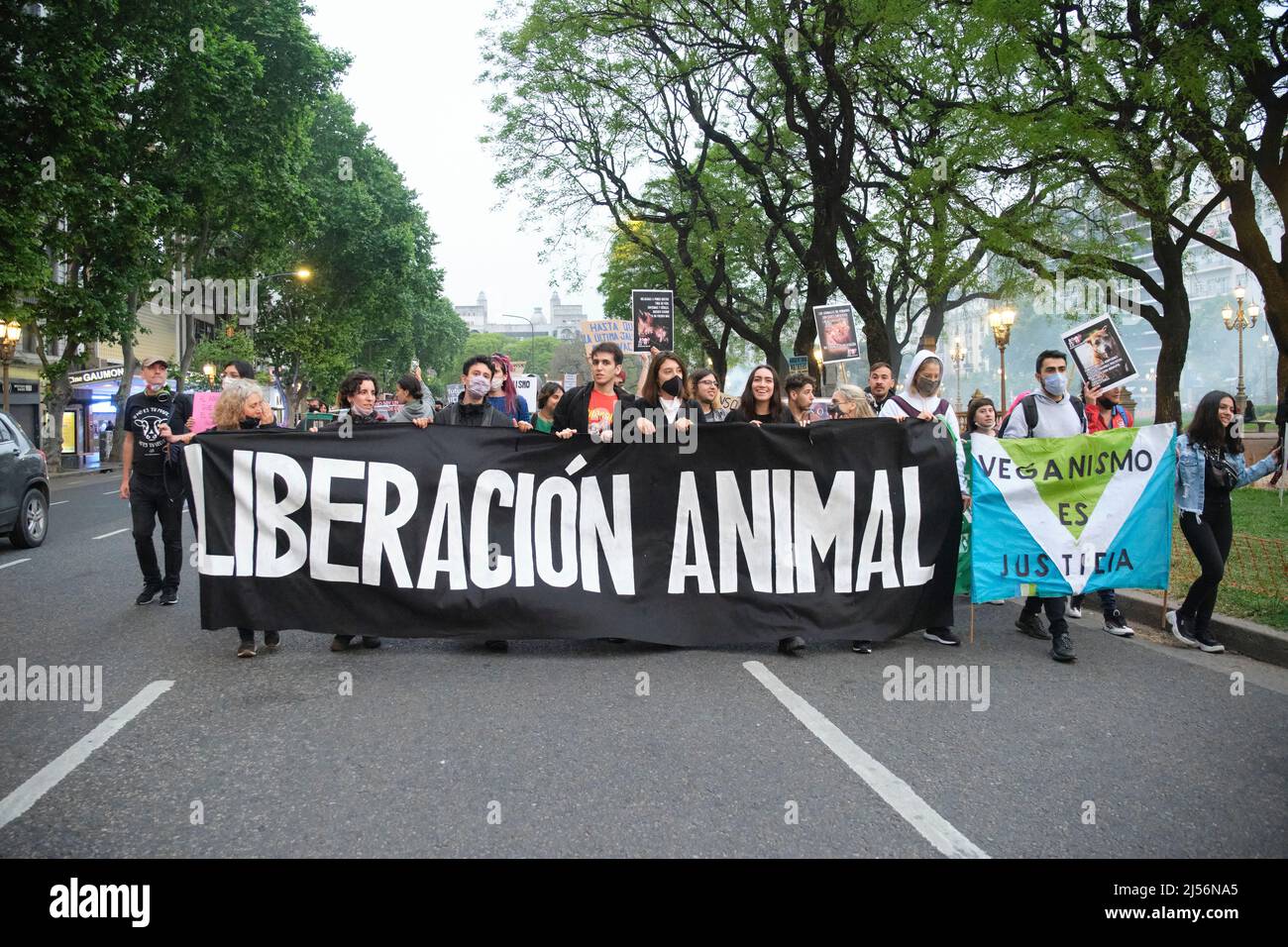 Buenos Aires, Argentina; Nov 1, 2021: World Vegan Day. People marching holding banners: Animal Liberation. Veganism is justice. Stock Photo