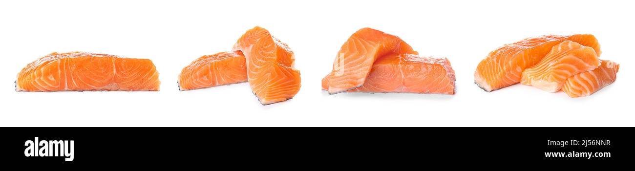 Set of raw salmon fillets on white background Stock Photo - Alamy