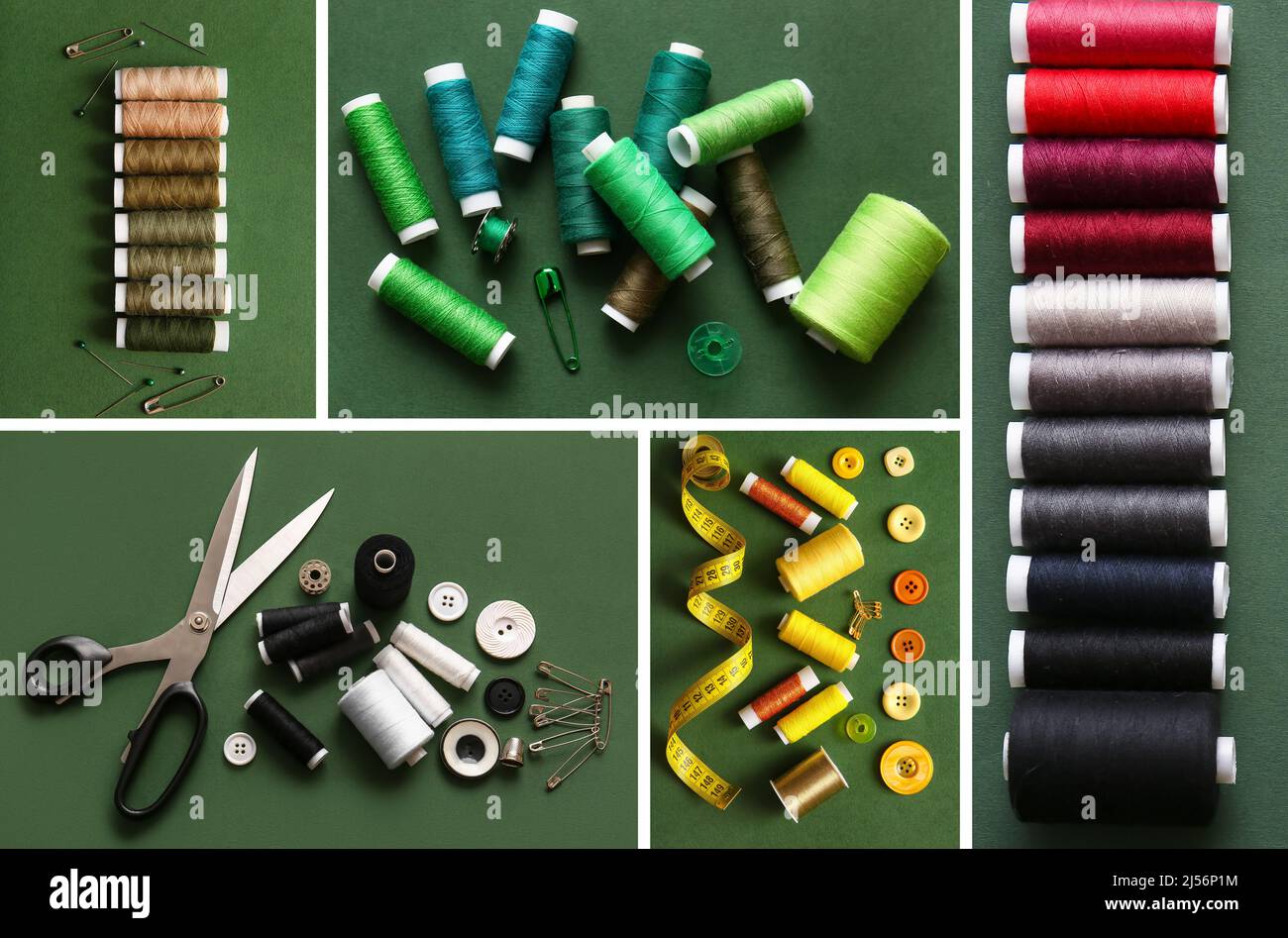Collage with threads and tailoring supplies on green background, top ...
