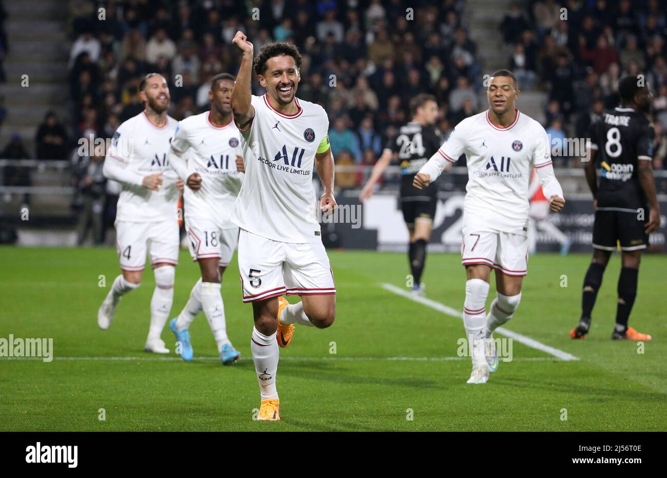Angers, France - 20/04/2022, Marquinhos of PSG celebrates his goal with  teammates during the French championship Ligue 1 football match between SCO  Angers and Paris Saint-Germain on April 20, 2022 at Raymond