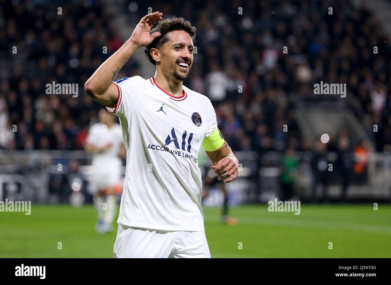 Angers, France - 20/04/2022, Marquinhos of PSG celebrates his goal during  the French championship Ligue 1 football match between SCO Angers and Paris  Saint-Germain on April 20, 2022 at Raymond Kopa stadium