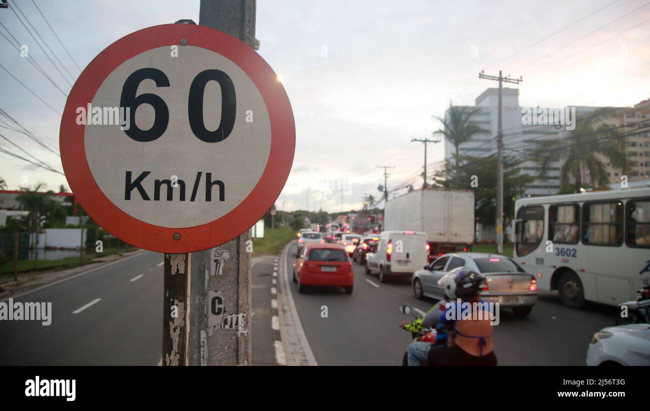 lauro de freitas, bahia, brazil - april 20, 2022: traffic signs indicate a maximum speed of 60 kilometers per hour on a transit route. Stock Photo