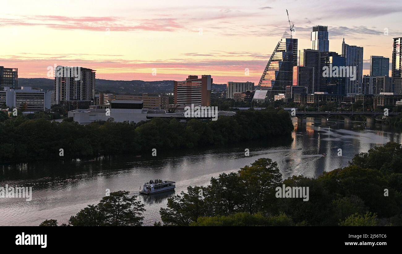 Austin, Texas, USA. 17th Oct, 2021. View of the Austin skyline looking northwest from the 11th floor of an apartment building at the foot of the Rainey Street entertainment district. (Credit Image: © Bob Daemmrich/ZUMA Press Wire Service) Stock Photo