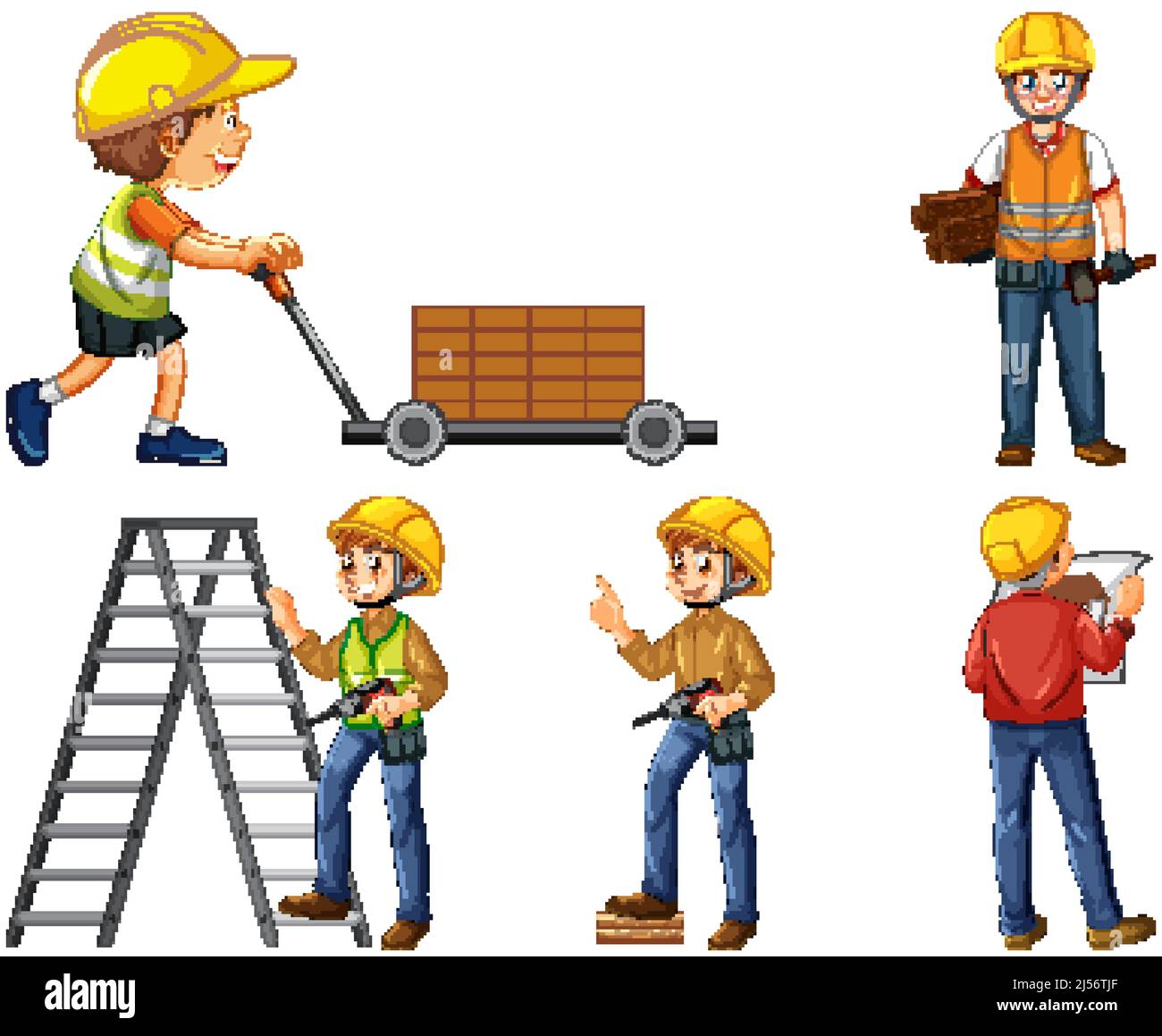 Set of construction site objects and workers illustration Stock Vector