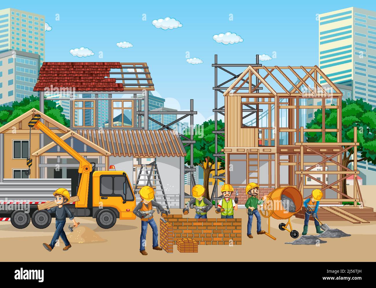 House construction site with workers illustration Stock Vector Image ...