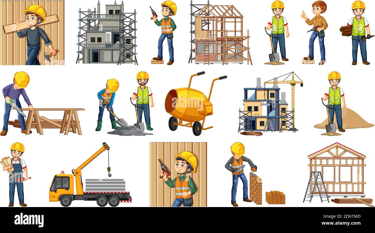 Set of construction site objects and workers illustration Stock Vector