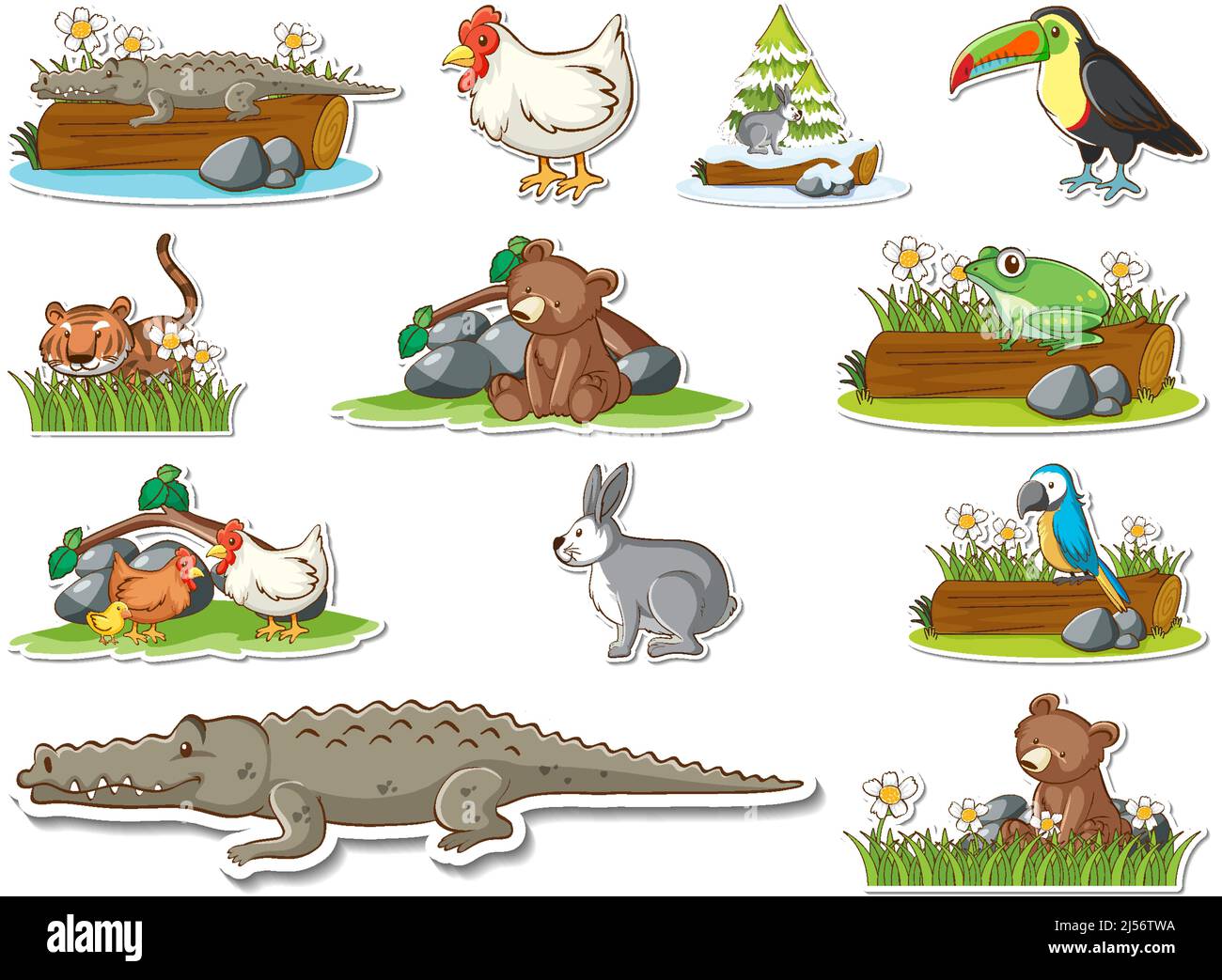Sticker set of cartoon wild animals illustration Stock Vector Image ...