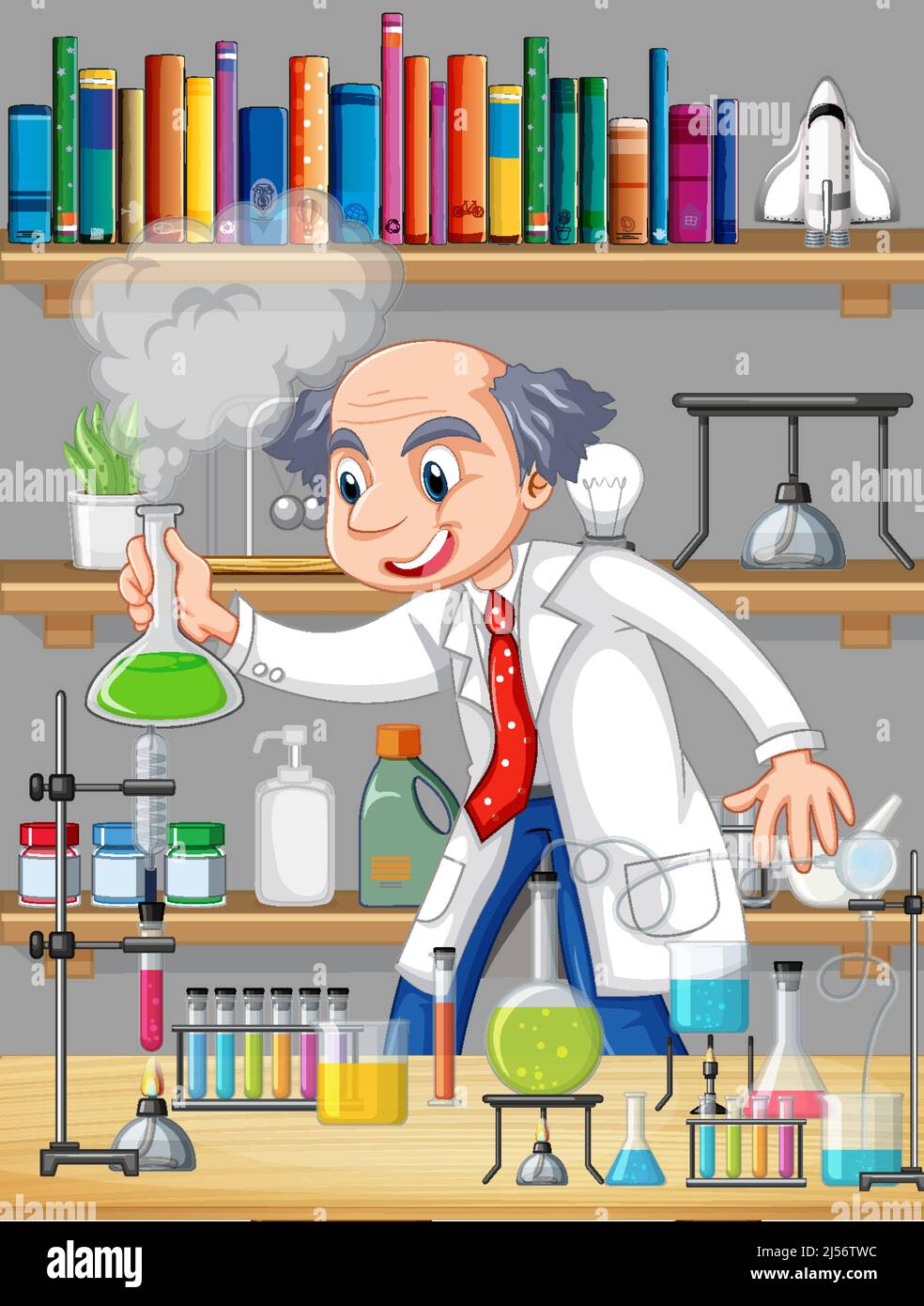 Laboratory scene with chemist cartoon character illustration Stock