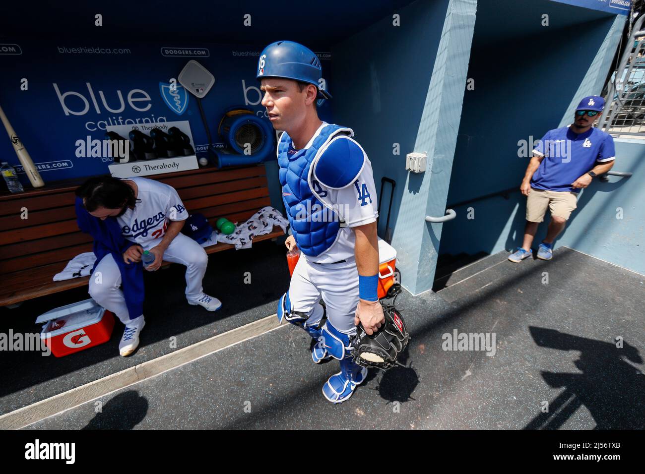 Los Angeles Dodger catcher Will Smith comes into the dugout during