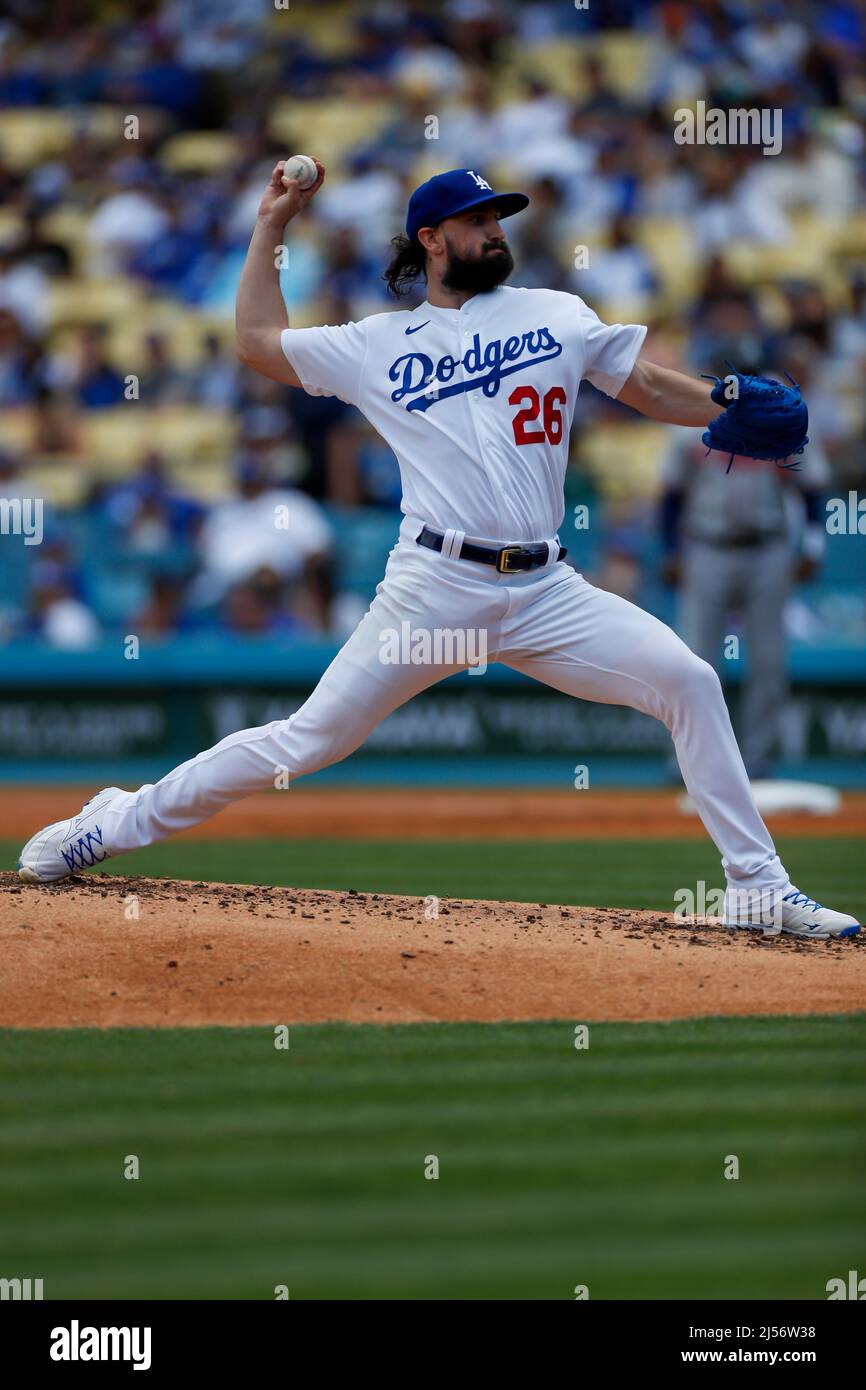 Los Angeles, United States. 20th Apr, 2022. Los Angeles Dodgers pitcher  Tony Gonsolin (26) pitches the ball during an MLB regular season game  against the Atlanta Braves, Wednesday, April 20th, 2022, in