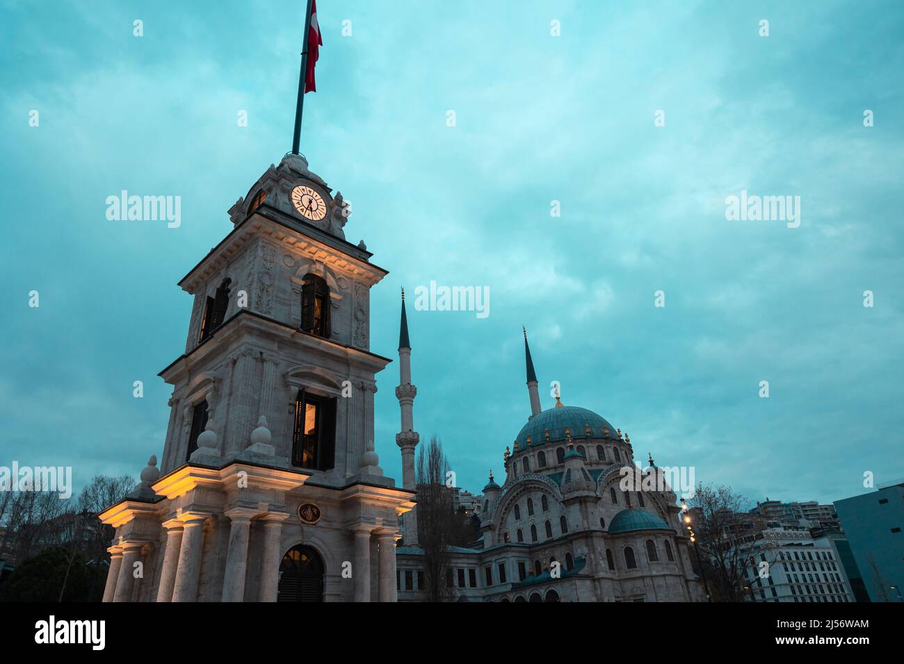 Tophane Clock Tower and Nusretiye Mosque in Istanbul. Travel to Istanbul concept. Stock Photo