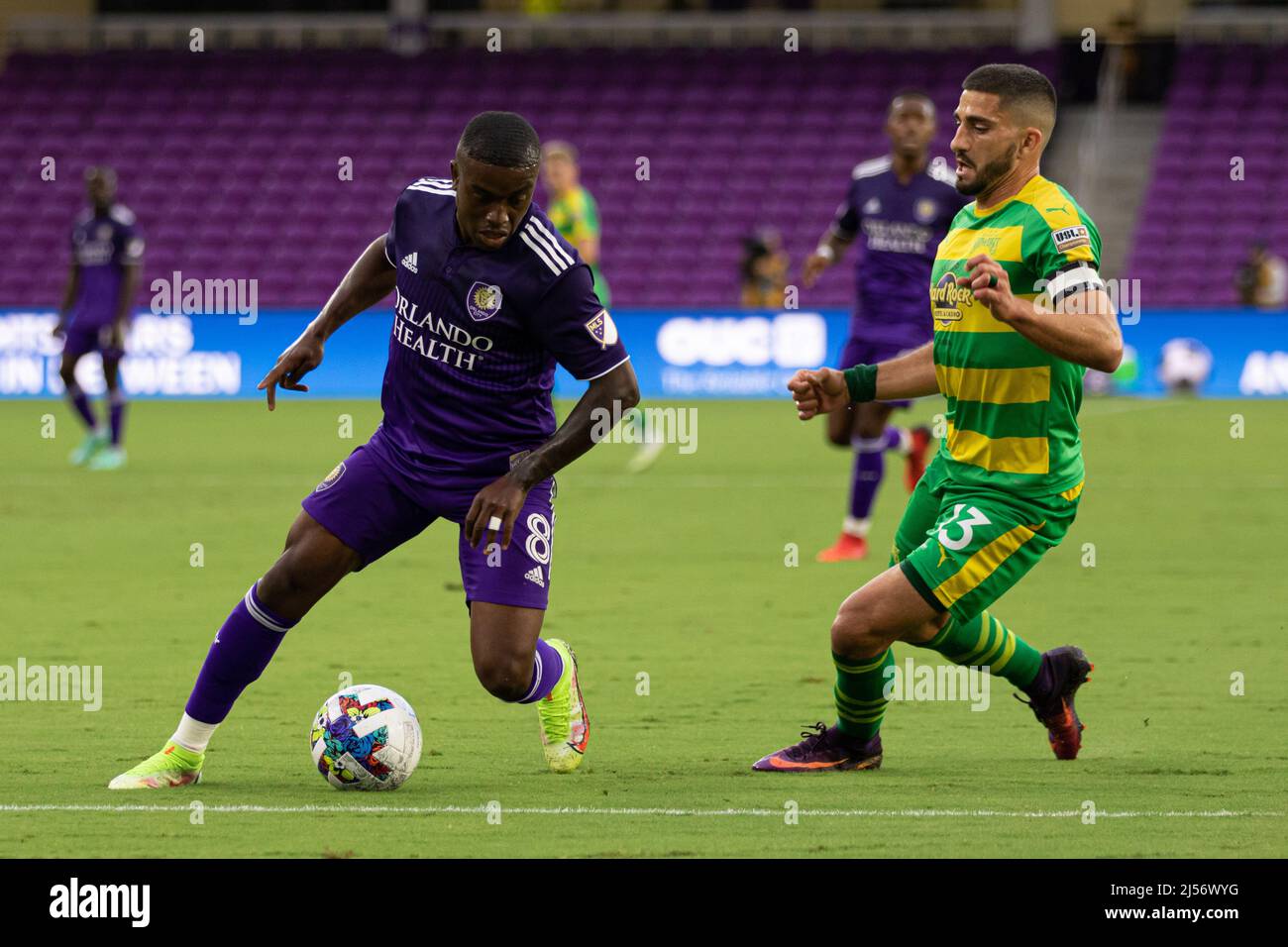 April 20, 2022: Tampa Bay Rowdies midfielder LEO FERNANDES (11) gets a  header during the Orlando City vs Tampa Bay Rowdies soccer match at  Exploria Stadium in Orlando, FL on April 12