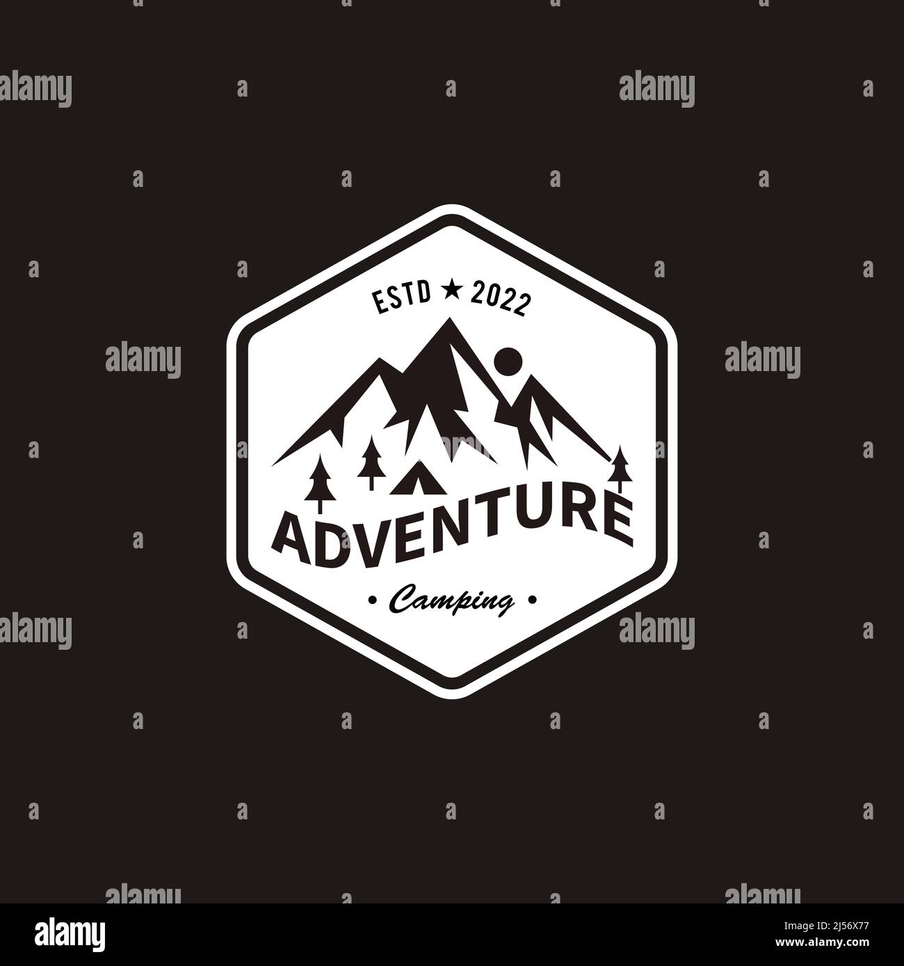 Summer camp and outdoor adventure illustration logo, mountain, coat of arms, hexagon Stock Vector