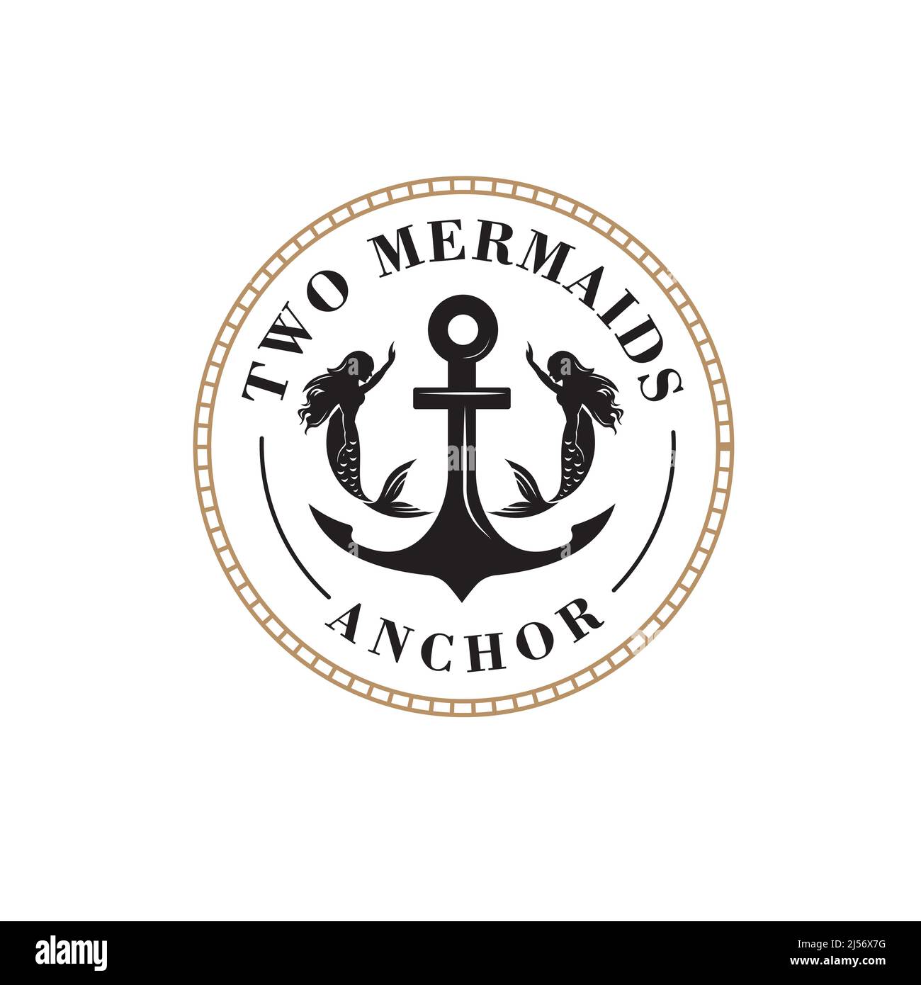 Logo design of two beautiful mermaids with long hair on anchor background in vintage traditional style, frill Stock Vector