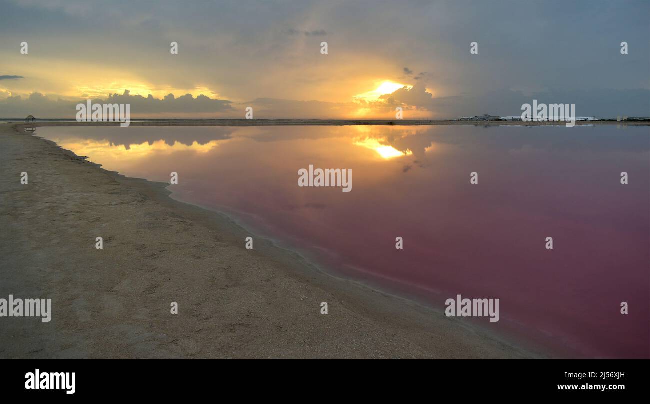 Pink lagoon with sunset, Las Coloradas, Yucatan, Mexico. Stock Photo