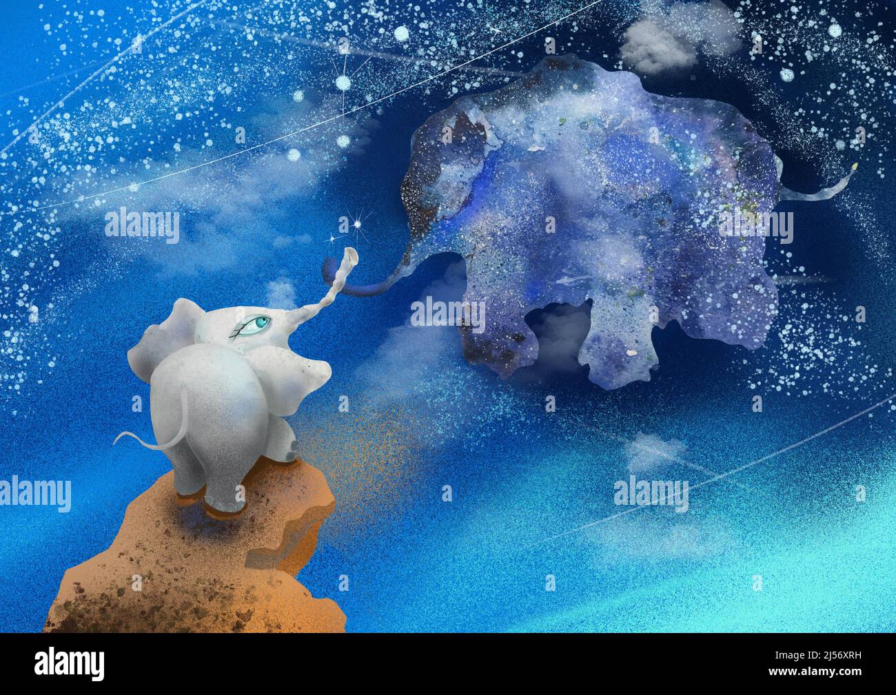 The baby elephant reaches for the heavenly mother. Stock Photo