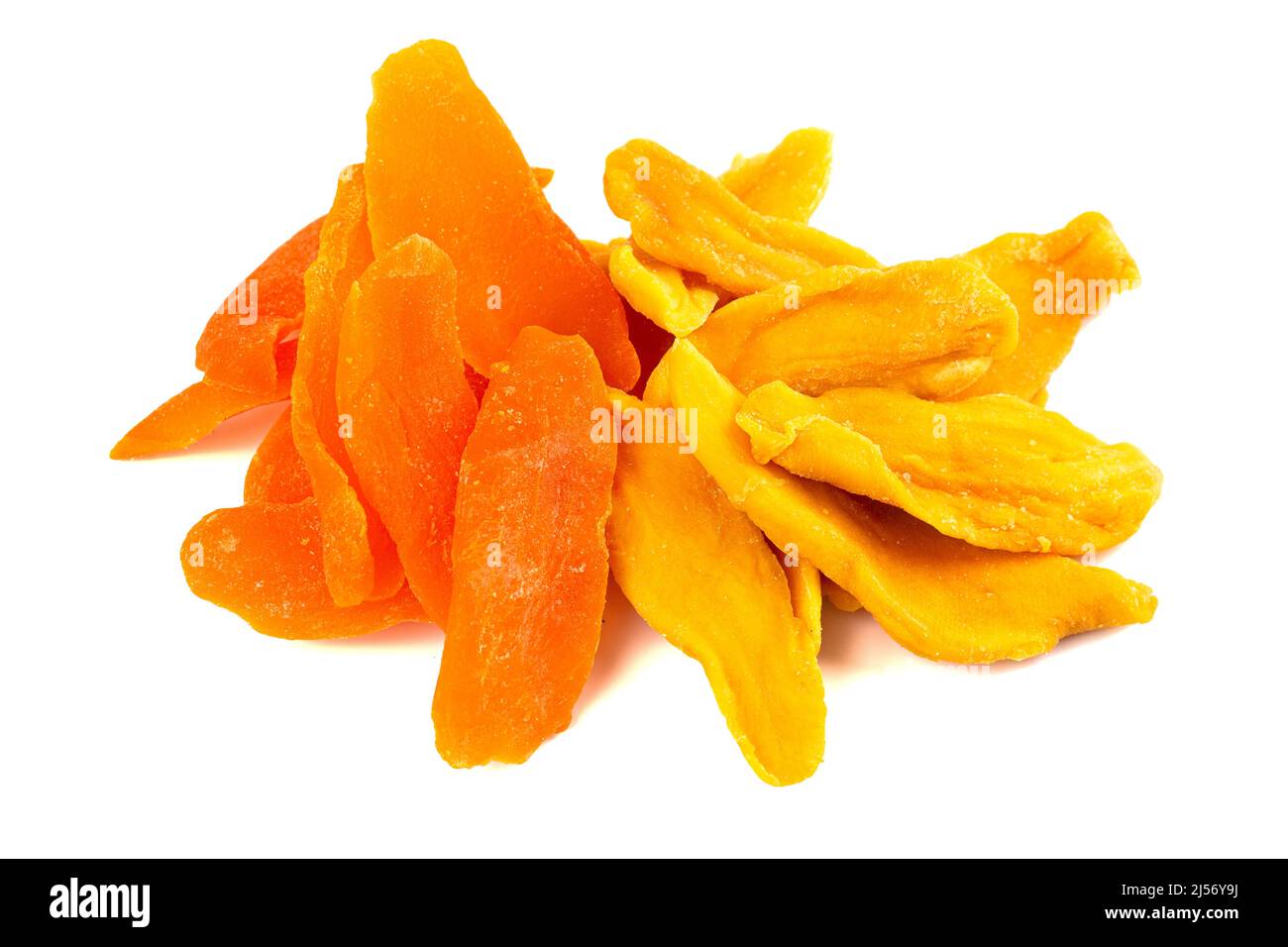 Candied and Dehydrated Mango Strips on a White Background Stock Photo