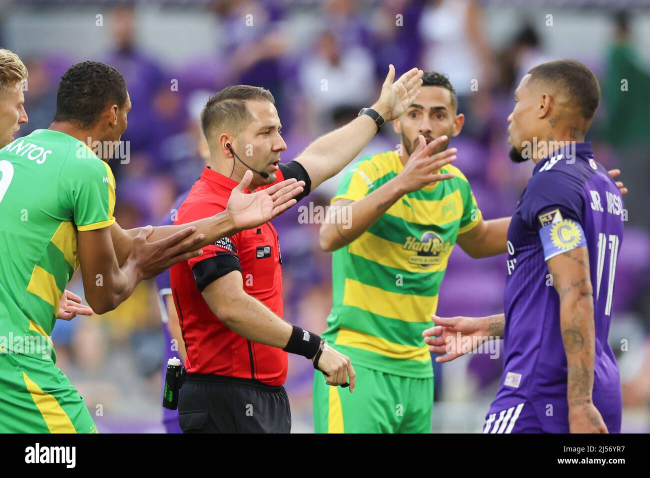 April 20, 2022: Tampa Bay Rowdies midfielder LEO FERNANDES (11) gets a  header during the Orlando City vs Tampa Bay Rowdies soccer match at  Exploria Stadium in Orlando, FL on April 12