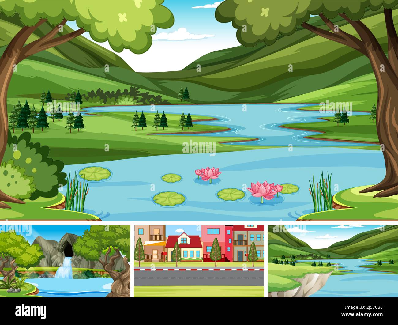 Nature scene with many trees and river illustration Stock Vector Image ...