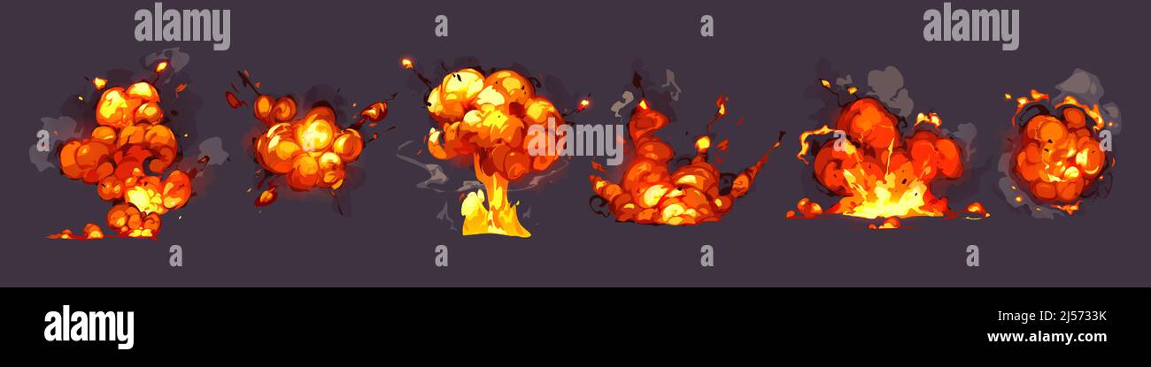 Explosion animation kit. Cartoon bomb detonation comic effect with