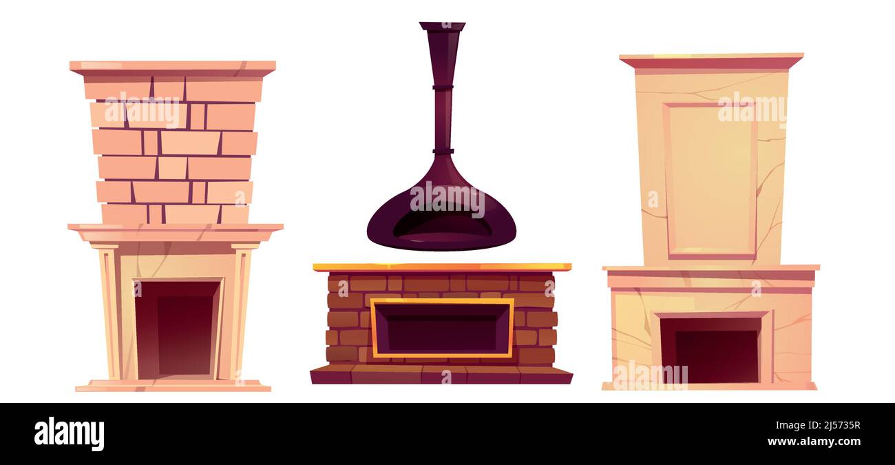 Home fireplace, interior chimneys set. Indoors stoves in traditional, vintage, classic and modern style, heating system of brick or marble stones, isolated design elements, Cartoon vector illustration Stock Vector