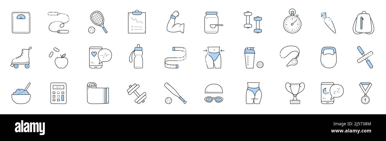 Sport exercises and healthy lifestyle icons with dumbbell, diet food ...