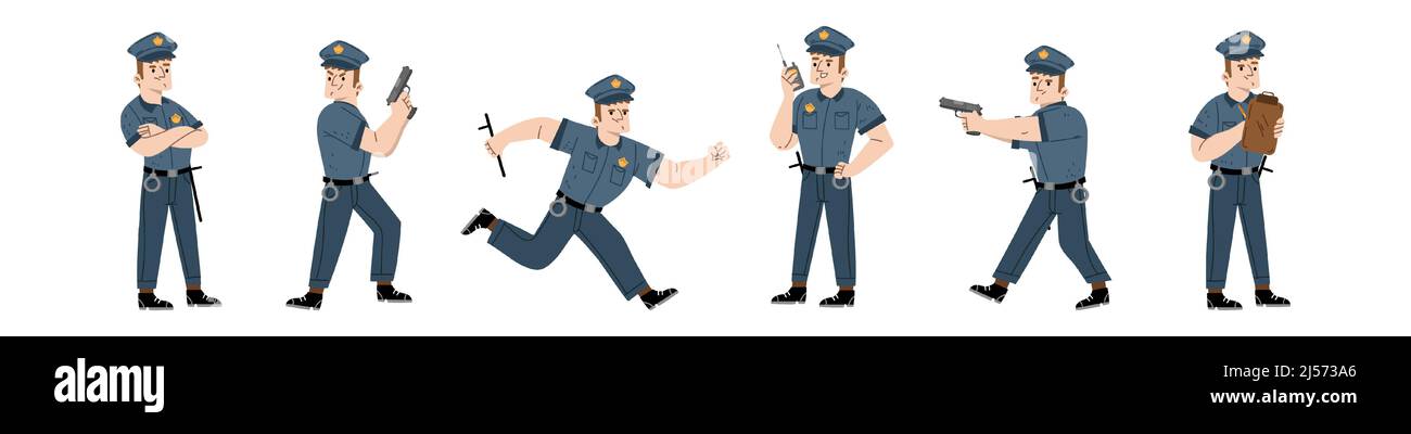 Policeman, police officer or guard character in blue uniform with cap, baton and handcuffs. Vector flat illustration of man cop with walkie talkie, aiming with gun, run and write traffic ticket Stock Vector