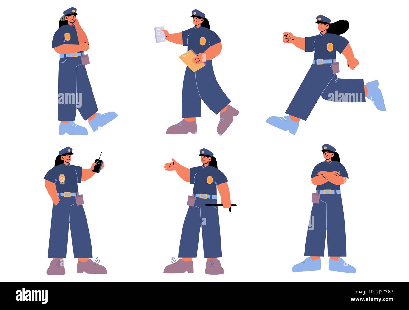 Set of police woman officer, female cop at work. Policewoman wear uniform issue a fine, run, use walkie-talkie on duty. Girl city patrol constable fight with criminal Linear flat vector illustration Stock Vector