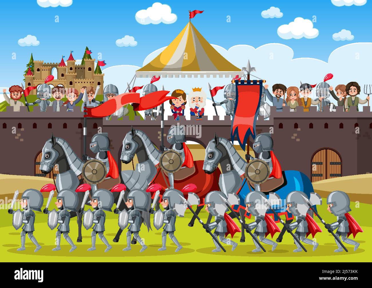Outdoor scene with medieval knights with villagers illustration Stock ...