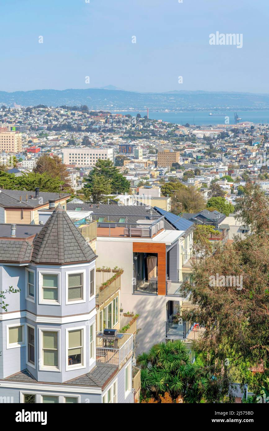 High angle view of modern and traditional houses at the neighborhood of
