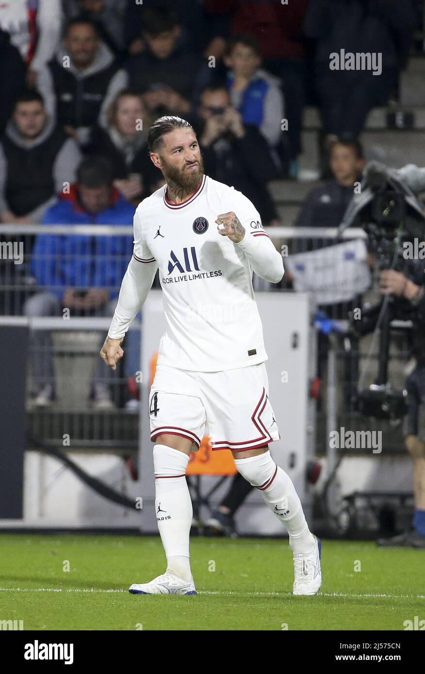 April 20, 2022, Angers, France: Sergio Ramos of PSG celebrates his goal  during the French championship Ligue 1 football match between SCO Angers  and Paris Saint-Germain on April 20, 2022 at Raymond