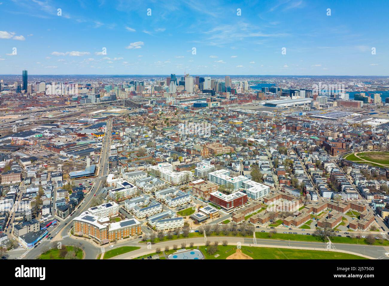 Boston Downtown Financial District aerial view in spring from South
