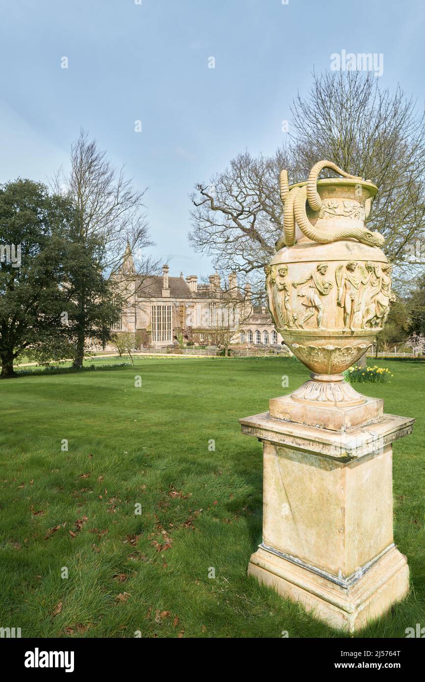 Roman Greek pot in the south garden at Burleigh House, an elizabethan mansion owned by the Cecil family at Stamford, England. Stock Photo