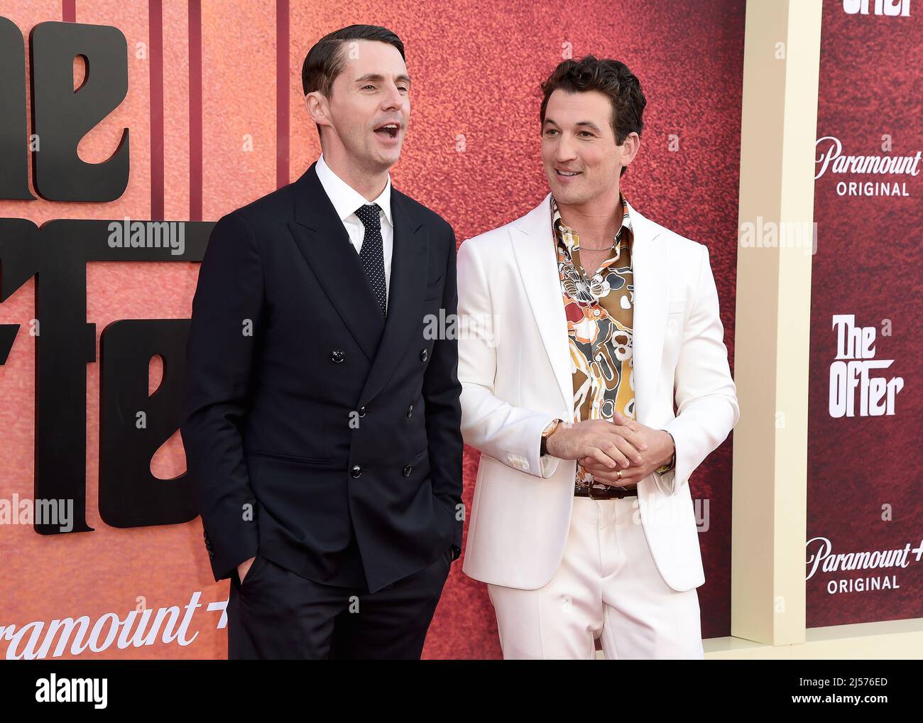 Los Angeles, USA. 20th Apr, 2022. Matthew Goode and Miles Teller walking on  the red carpet at the Los Angeles Premiere of Season One of Paramount  Series "The Offer" at the Paramount