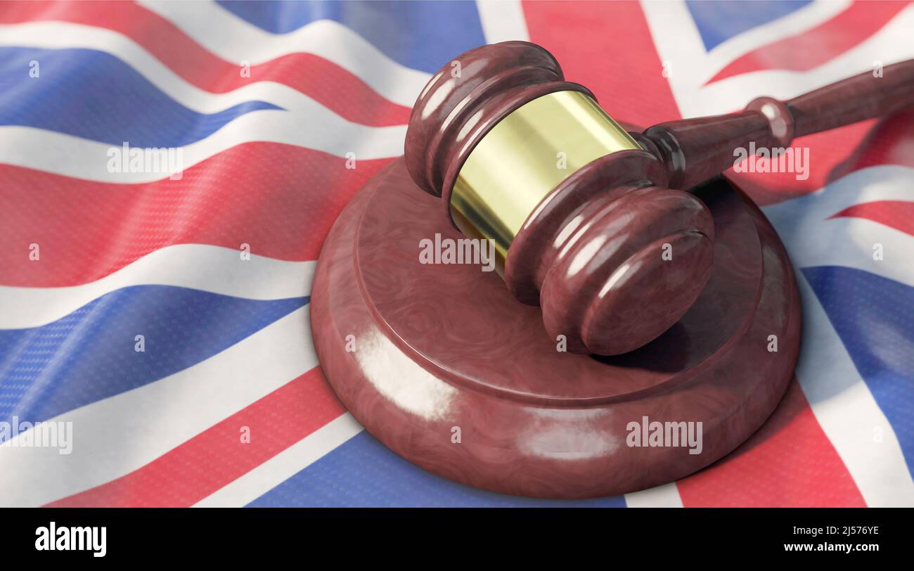 Supreme Court - Judge's gavel lies on the UK flag Stock Photo