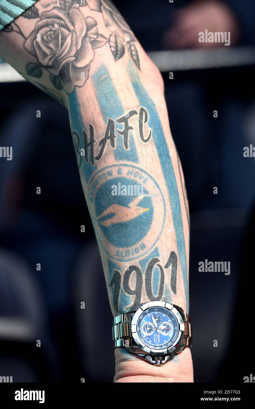 Brighton football fan with tattooed arm at the Premier League match between Tottenham Hotspur and Brighton and Hove Albion at The Tottenham. Hotspur Stadium, London, UK - 16th April  2022 - Editorial use only. No merchandising. For Football images FA and Premier League restrictions apply inc. no internet/mobile usage without FAPL license - for details contact Football Dataco Stock Photo