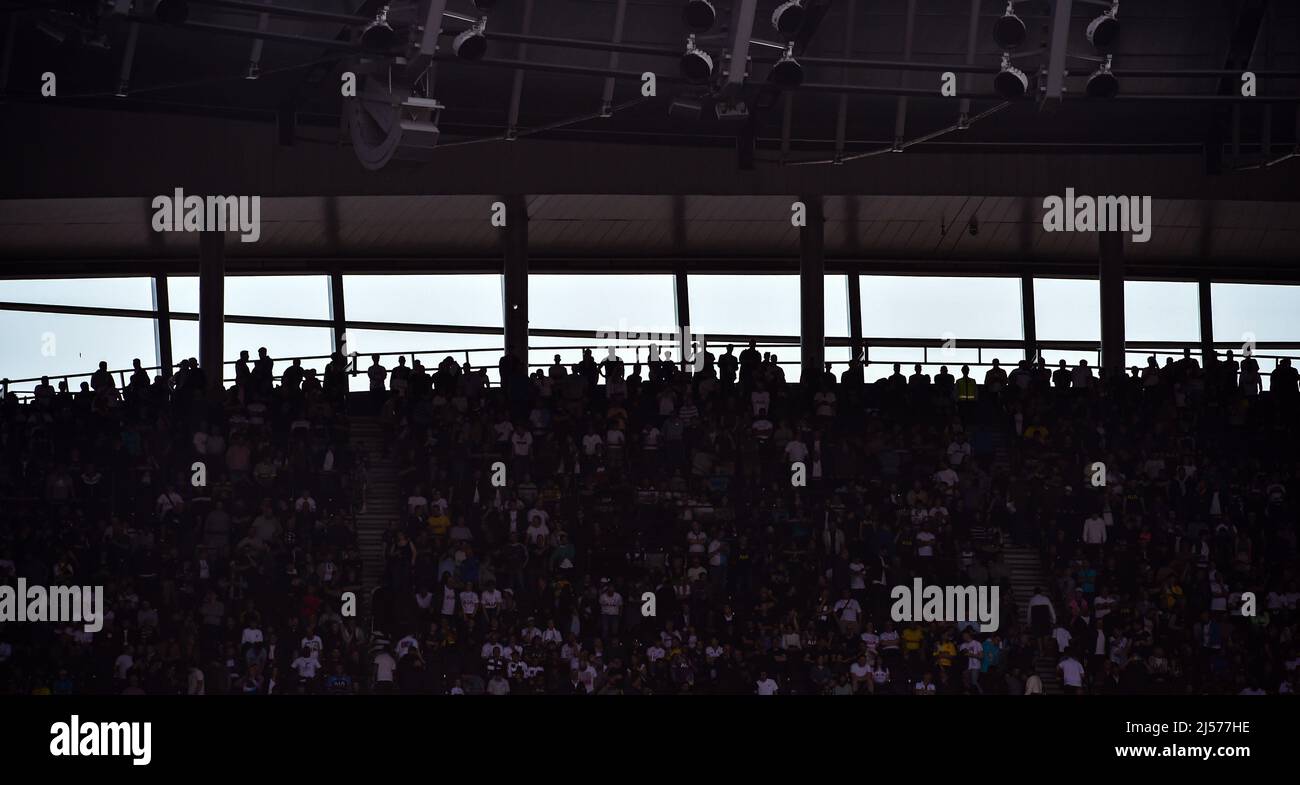 Fans at The Tottenham. Hotspur Stadium, London, UK - 16th April  2022 -  Editorial use only. No merchandising. For Football images FA and Premier League restrictions apply inc. no internet/mobile usage without FAPL license - for details contact Football Dataco Stock Photo