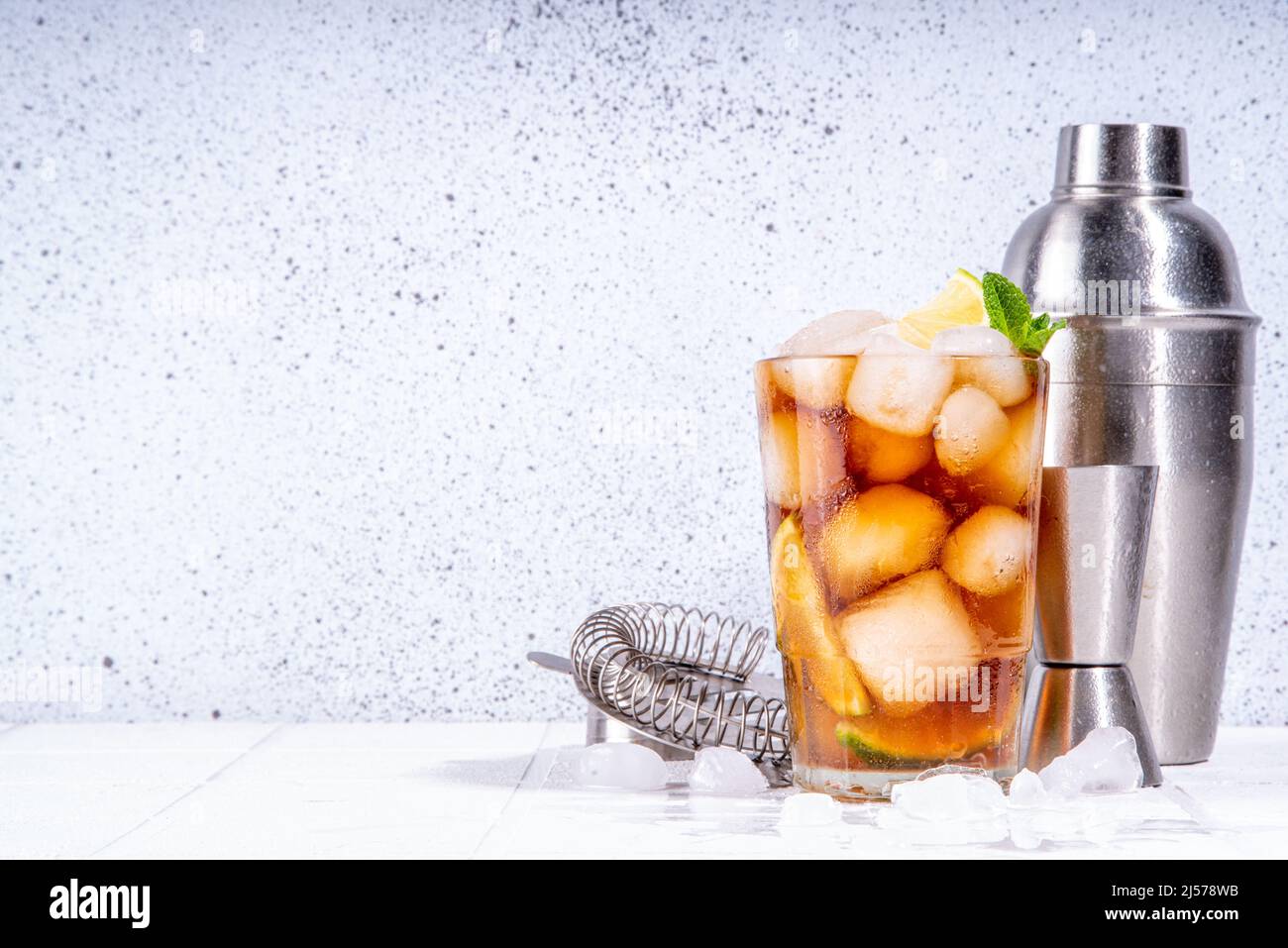 Rum, Lime and Cola Cuba Libre Cocktail. Summer cold Coca Coke drink