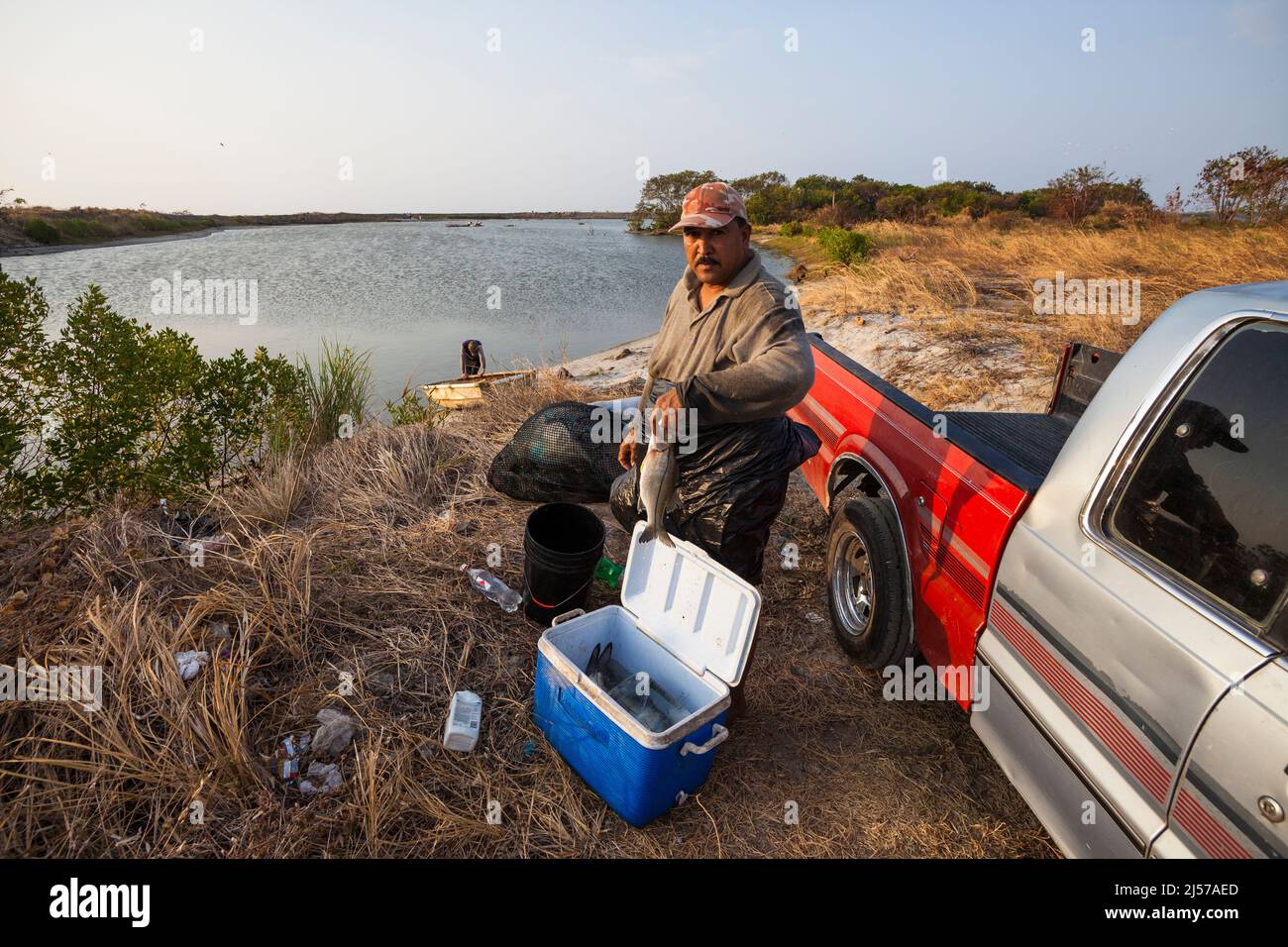 A fisherman with his catch on an early morning at Punta Chame, Pacific coast, Panama province, Republic of Panama, Central America. Stock Photo