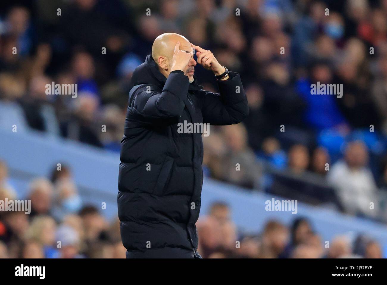 Manchester, UK. 20th Apr, 2022. Pep Guardiola the Manchester City manager implores his players to think in Manchester, United Kingdom on 4/20/2022. (Photo by Conor Molloy/News Images/Sipa USA) Credit: Sipa USA/Alamy Live News Stock Photo