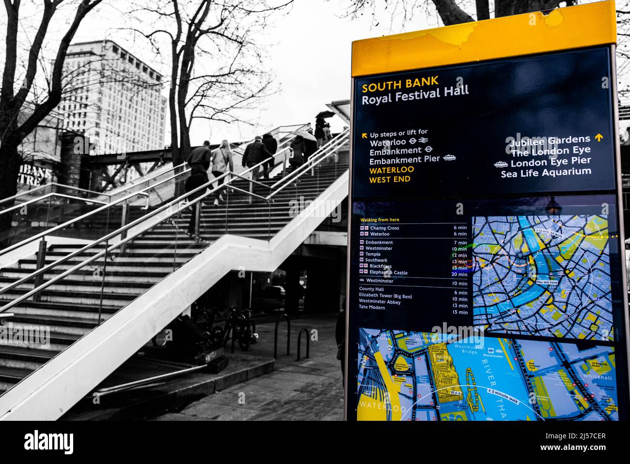 Queens Walk Southwark London UK, January 02 2022, Pedestrian Route Map On Queens Walk South Bank With People Climbing Stairs Stock Photo