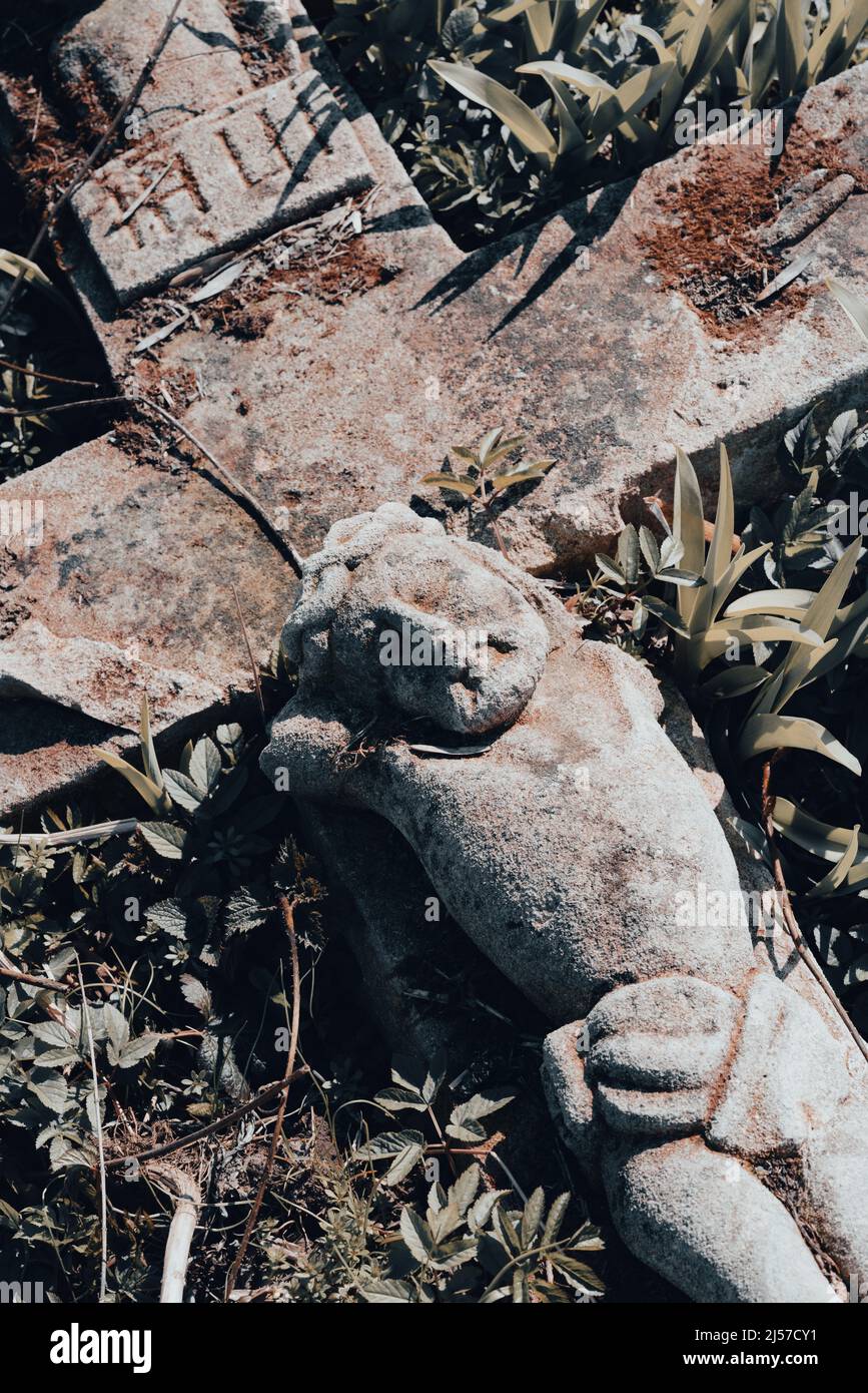 Vertical image with stone crucifix on the ground. Abandoned ancient cemetery with broken tombstone. Mystery halloween concept, old churchyard Stock Photo