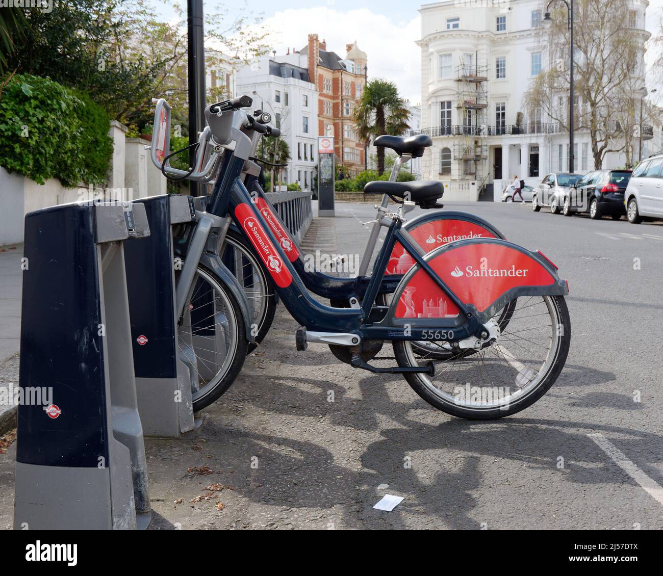 London, Greater London, England, April 09 2022: Santander Cycles aka Boris Bikes and Bike Station in Notting Hill. Part of the bike hire scheme. Stock Photo