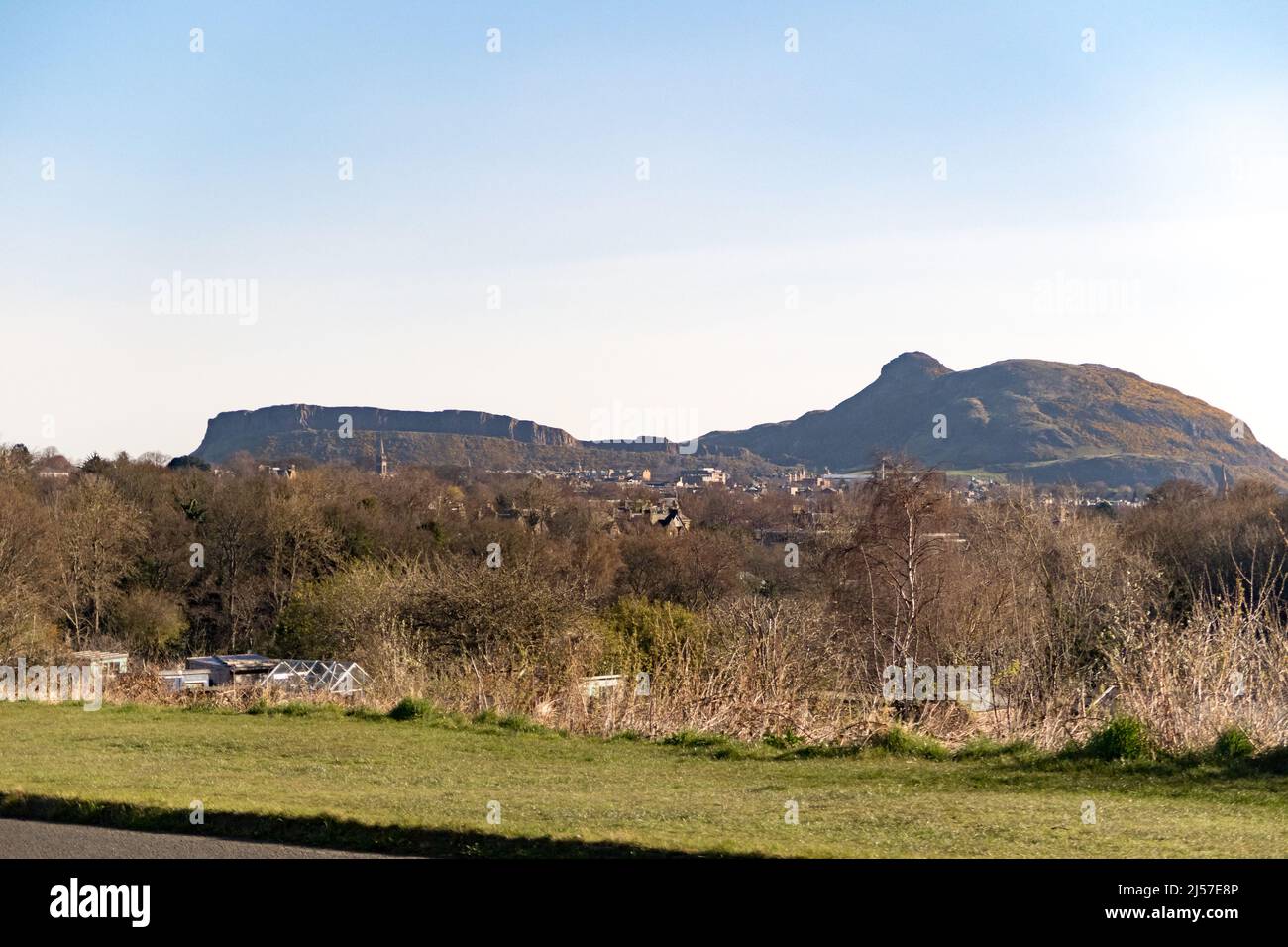 A view of allotment gardens in the Morninside area of Edinburgh with Arthur's Seat in the background Stock Photo