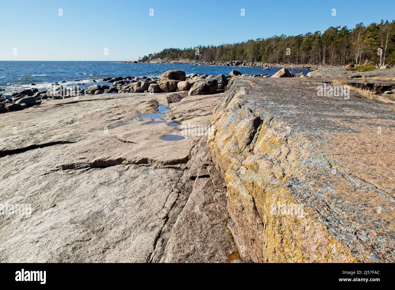 View of rocky seashore at Varlaxudden recreation area, Finland. Stock Photo